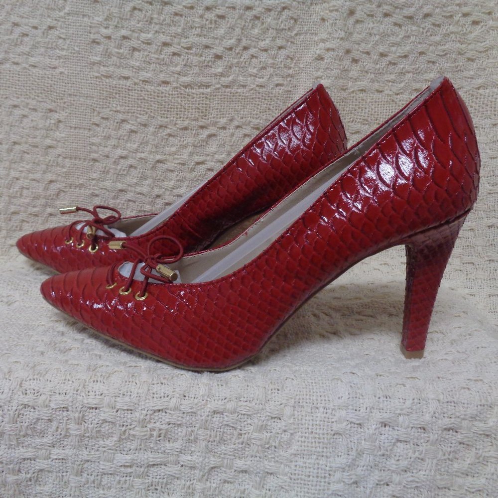 Red Patent Snake stilettos by Rialto. 3.5" heel  Sexy low-cut tie front